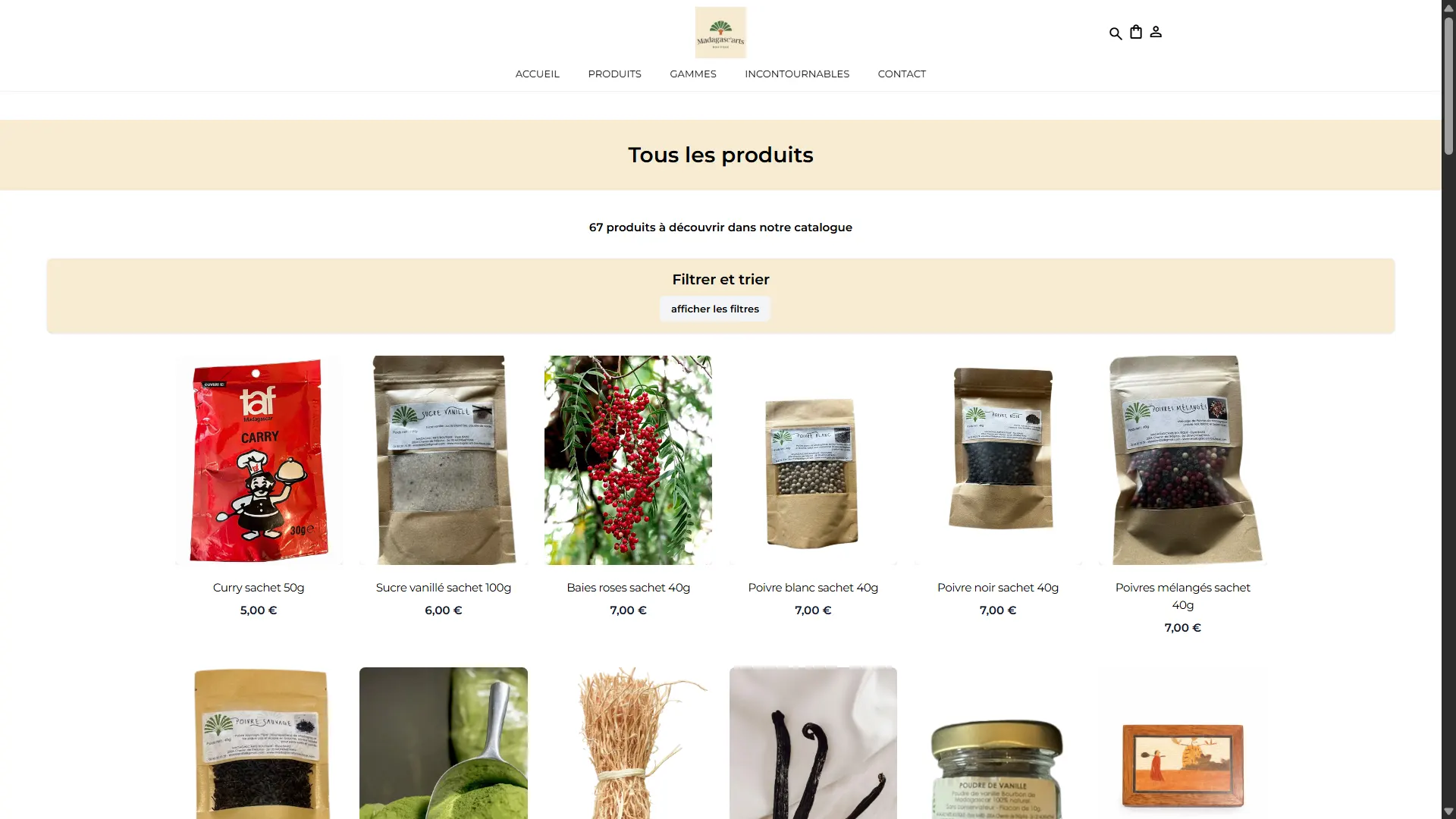 capture section produits site Madagasc'arts Boutique
